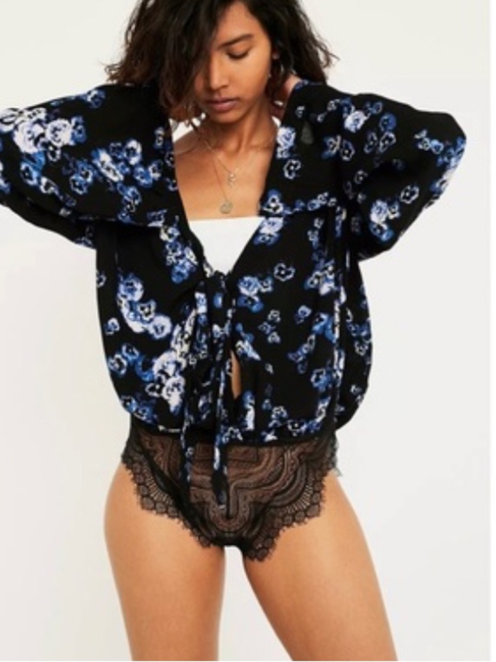 Free People Black Floral Tie-Front Bodysuit with Blue & White Print